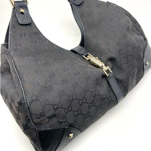 SOLDGucci Monogram GG Jackie Piston Nailhead Vintage Shoulder Bag Canvas Leather - Picture 9 of 15